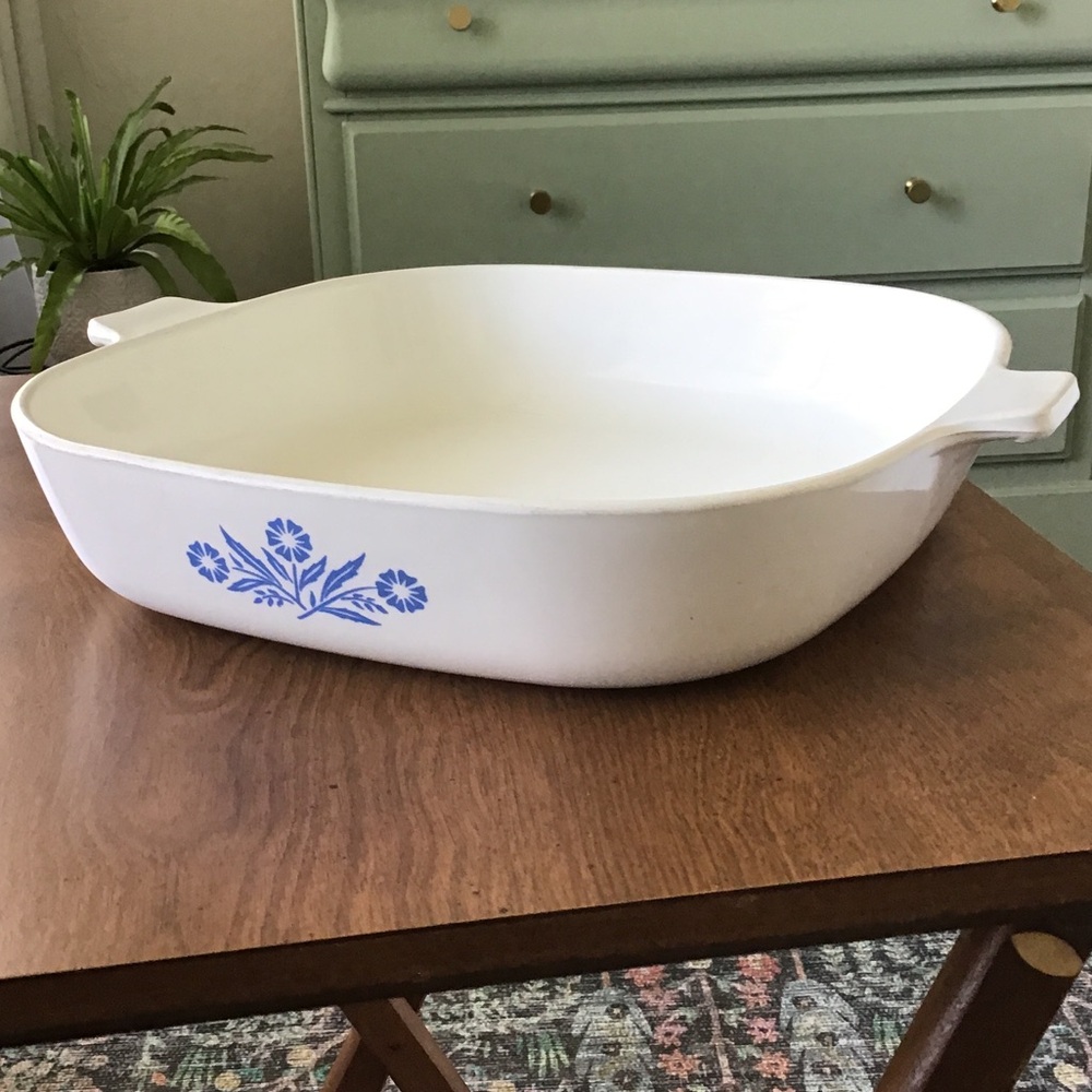 Vintage Corning Ware casserole dish in the "Blue Cornflower" pattern.